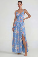 Laden Sie das Bild in den Galerie-Viewer, Blaues Gerüschendes Rosa Geblümtes Chiffon  A-Linie Midi Kleid mit Schlitz