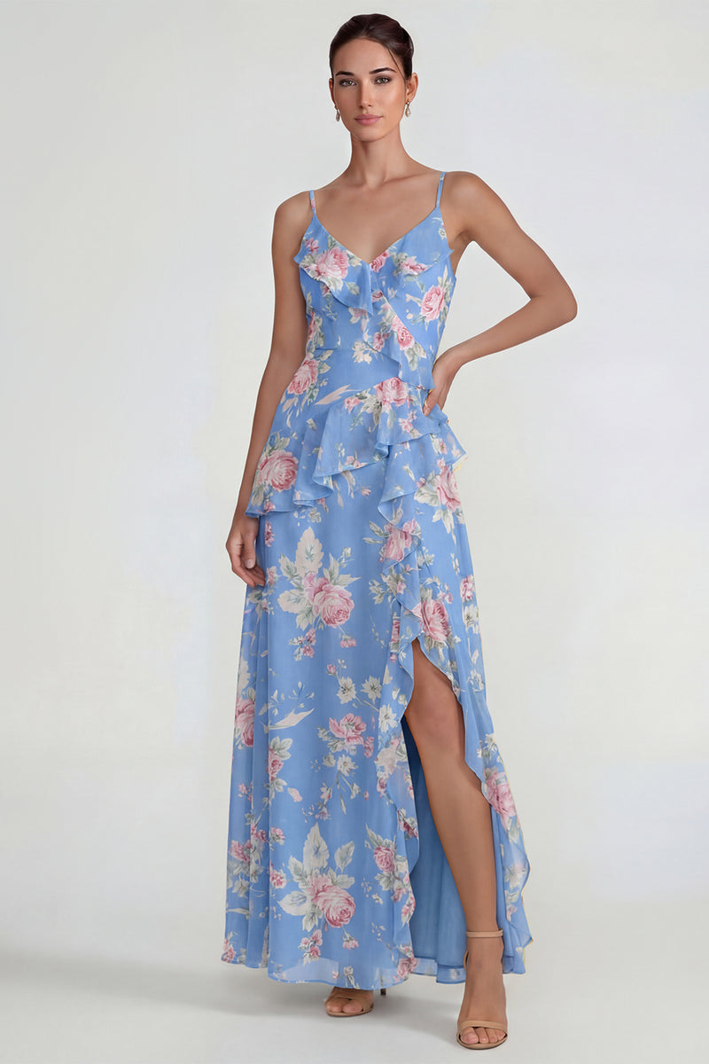 Laden Sie das Bild in den Galerie-Viewer, Blaues Gerüschendes Rosa Geblümtes Chiffon  A-Linie Midi Kleid mit Schlitz