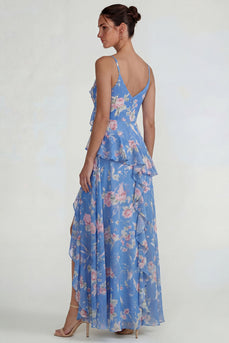 Blaues Gerüschendes Rosa Geblümtes Chiffon  A-Linie Midi Kleid mit Schlitz