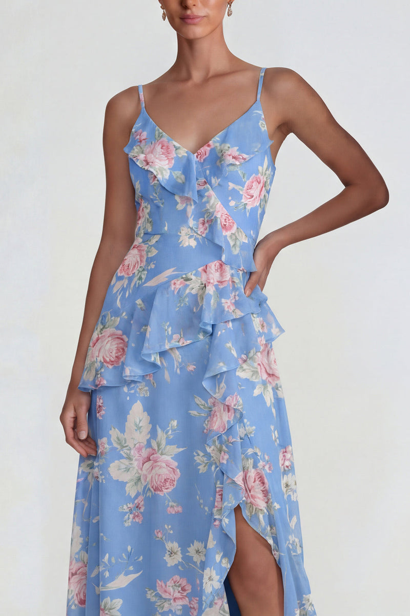 Laden Sie das Bild in den Galerie-Viewer, Blaues Gerüschendes Rosa Geblümtes Chiffon  A-Linie Midi Kleid mit Schlitz