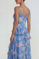 Laden Sie das Bild in den Galerie-Viewer, Blaues Gerüschendes Rosa Geblümtes Chiffon  A-Linie Midi Kleid mit Schlitz