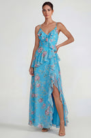 Laden Sie das Bild in den Galerie-Viewer, Blaues Gerüschendes Rosa Geblümtes Chiffon  A-Linie Midi Kleid mit Schlitz