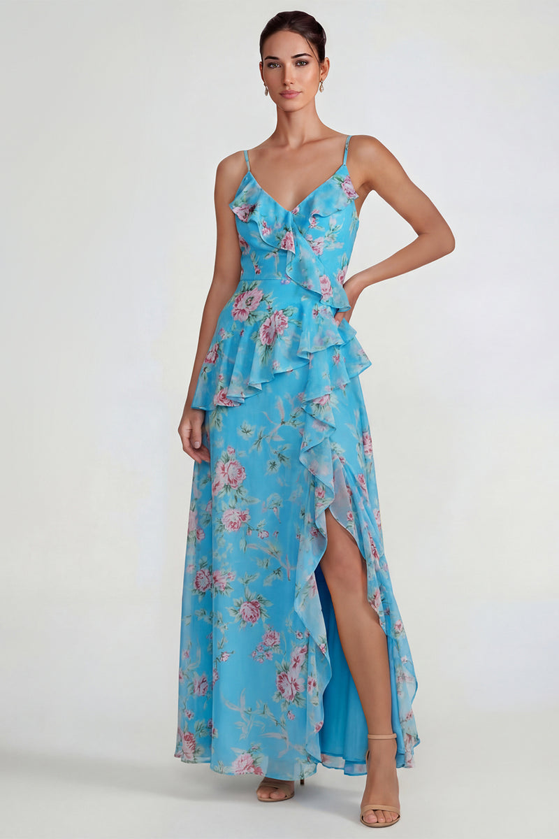 Laden Sie das Bild in den Galerie-Viewer, Blaues Gerüschendes Rosa Geblümtes Chiffon  A-Linie Midi Kleid mit Schlitz
