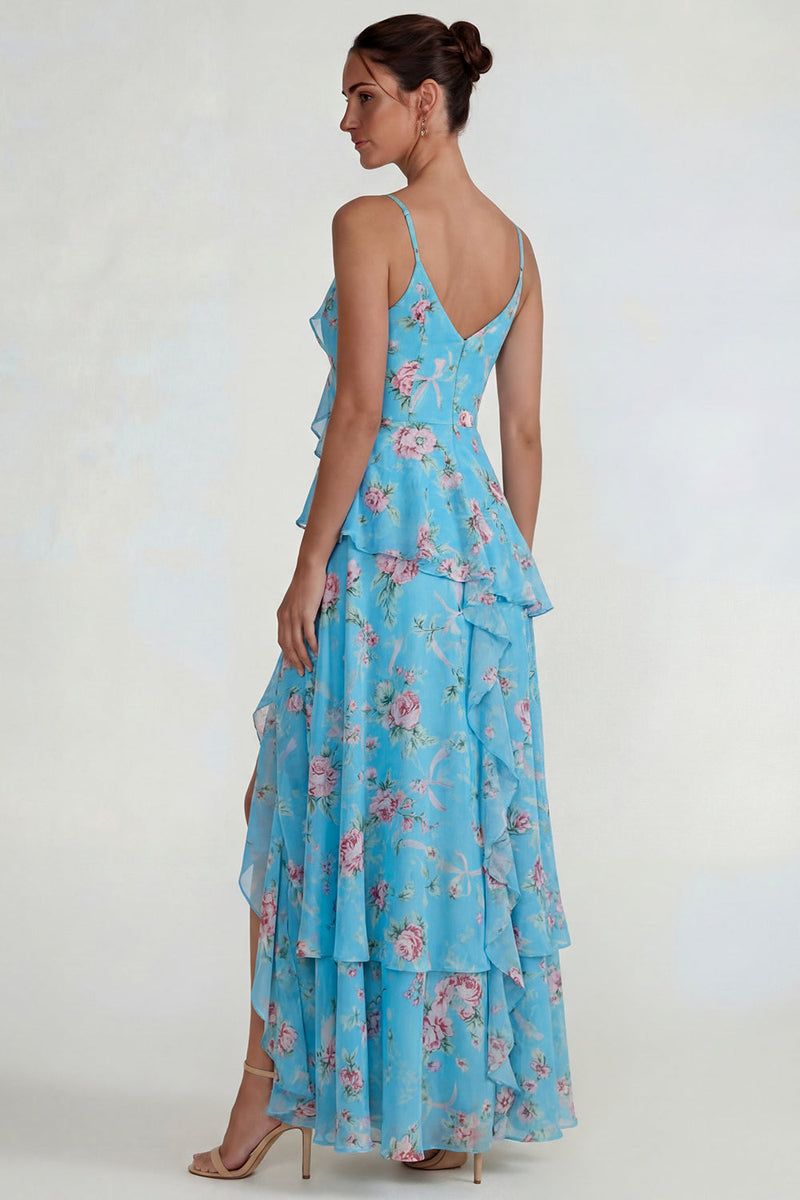 Laden Sie das Bild in den Galerie-Viewer, Blaues Gerüschendes Rosa Geblümtes Chiffon  A-Linie Midi Kleid mit Schlitz