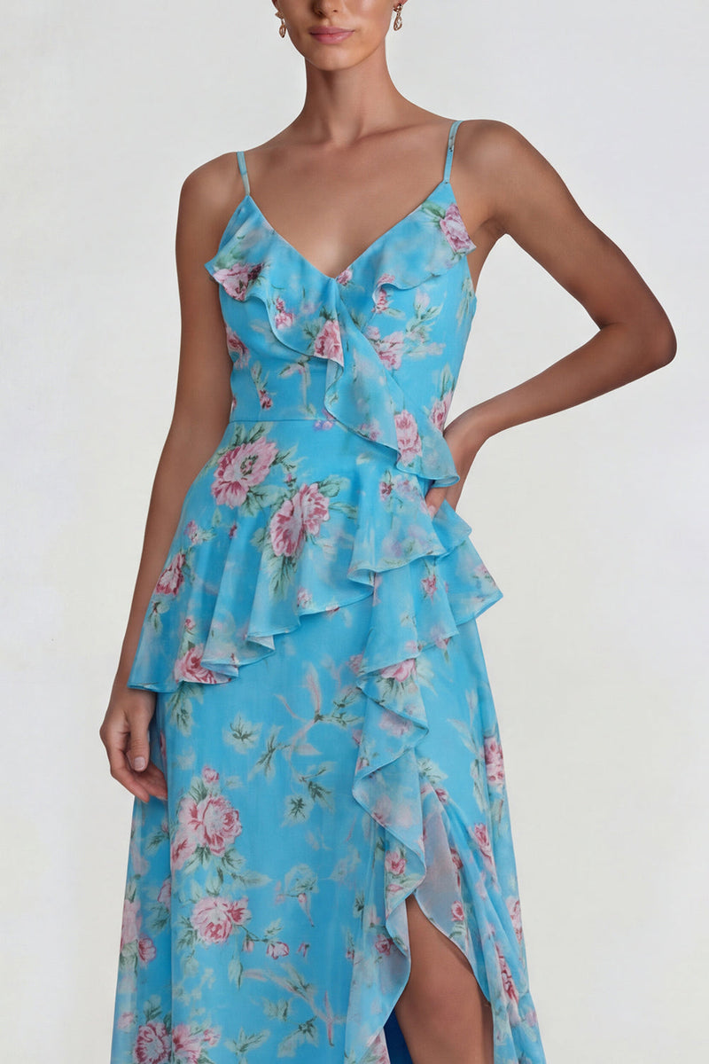 Laden Sie das Bild in den Galerie-Viewer, Blaues Gerüschendes Rosa Geblümtes Chiffon  A-Linie Midi Kleid mit Schlitz
