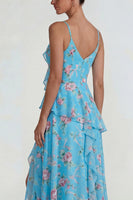 Laden Sie das Bild in den Galerie-Viewer, Blaues Gerüschendes Rosa Geblümtes Chiffon  A-Linie Midi Kleid mit Schlitz