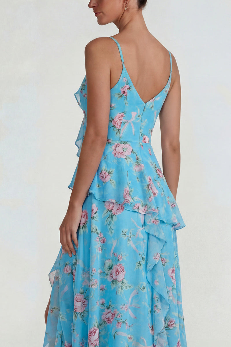 Laden Sie das Bild in den Galerie-Viewer, Blaues Gerüschendes Rosa Geblümtes Chiffon  A-Linie Midi Kleid mit Schlitz