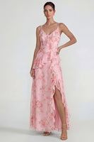 Laden Sie das Bild in den Galerie-Viewer, Blaues Gerüschendes Rosa Geblümtes Chiffon  A-Linie Midi Kleid mit Schlitz