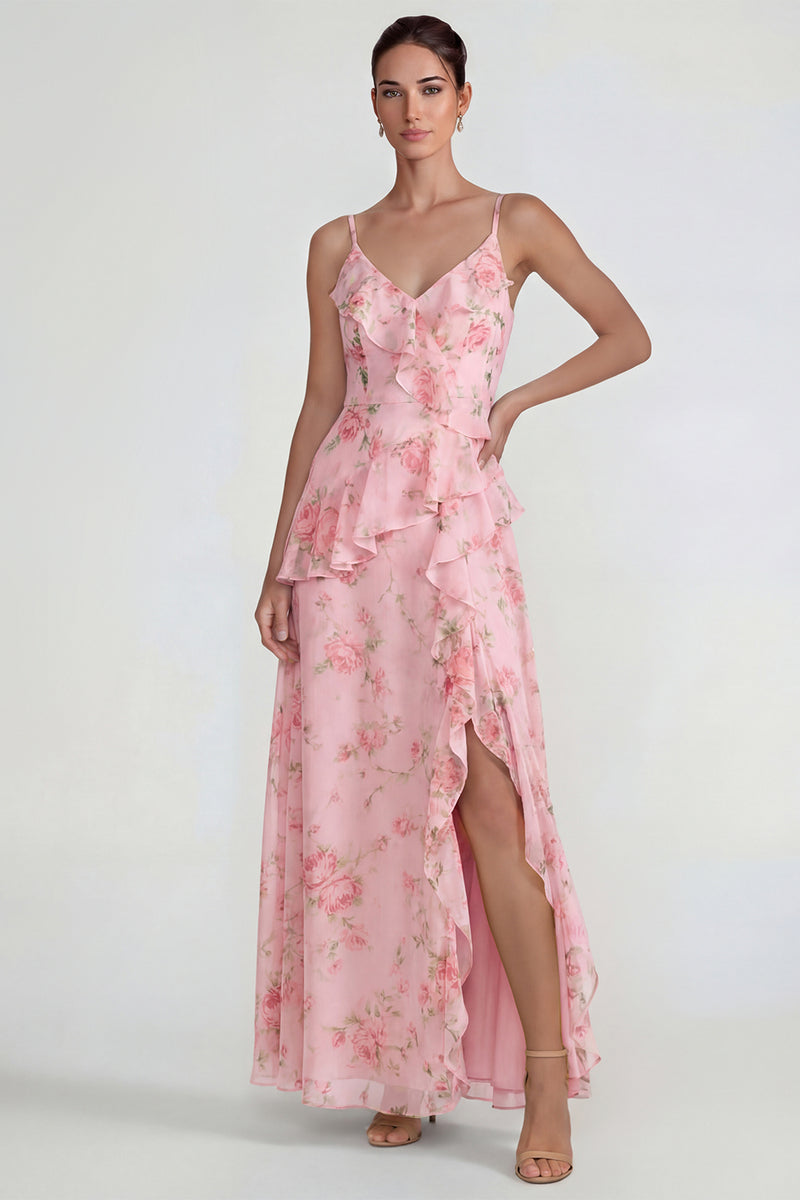 Laden Sie das Bild in den Galerie-Viewer, Blaues Gerüschendes Rosa Geblümtes Chiffon  A-Linie Midi Kleid mit Schlitz