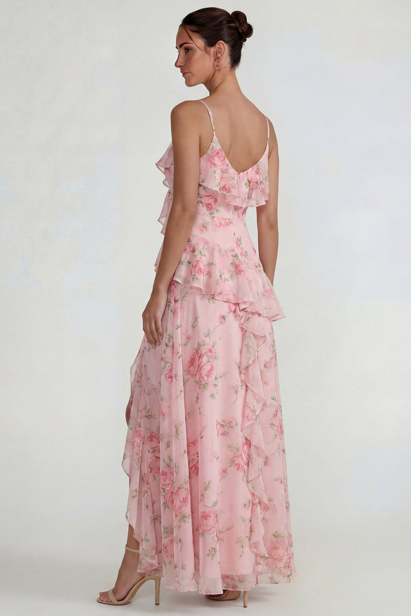 Laden Sie das Bild in den Galerie-Viewer, Blaues Gerüschendes Rosa Geblümtes Chiffon  A-Linie Midi Kleid mit Schlitz