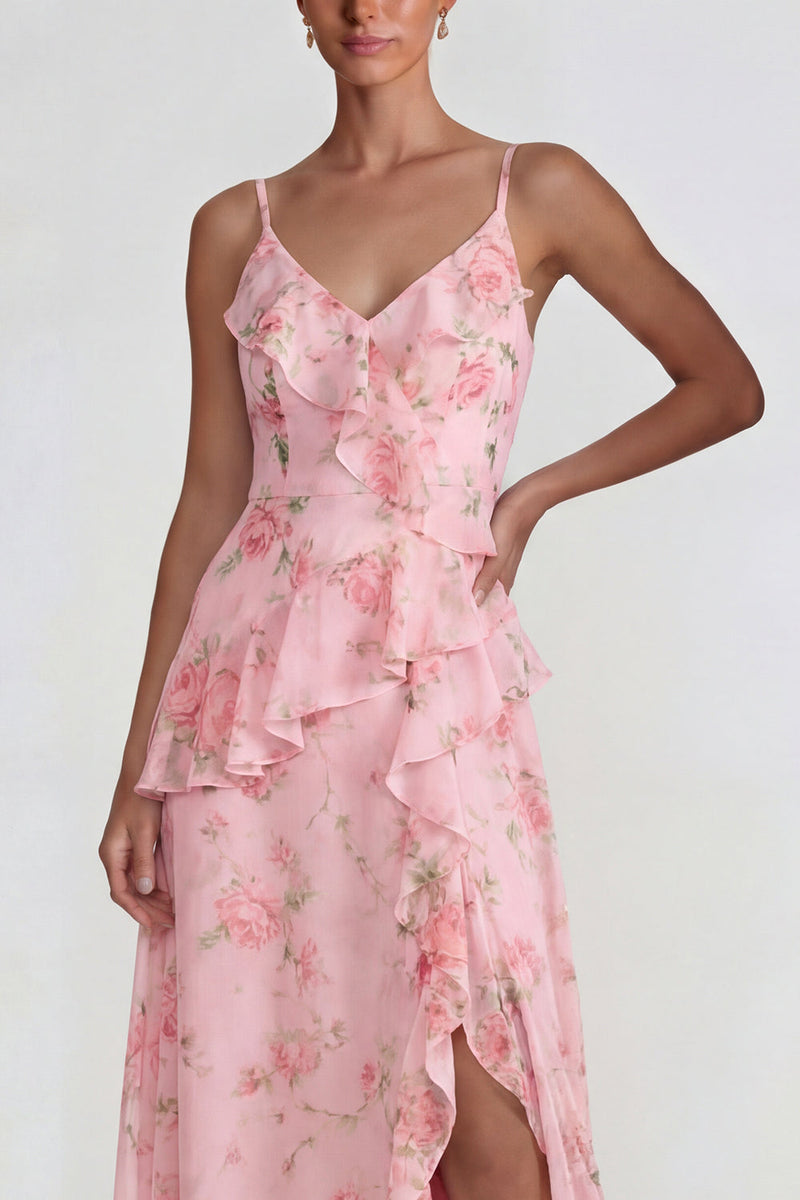 Laden Sie das Bild in den Galerie-Viewer, Blaues Gerüschendes Rosa Geblümtes Chiffon  A-Linie Midi Kleid mit Schlitz