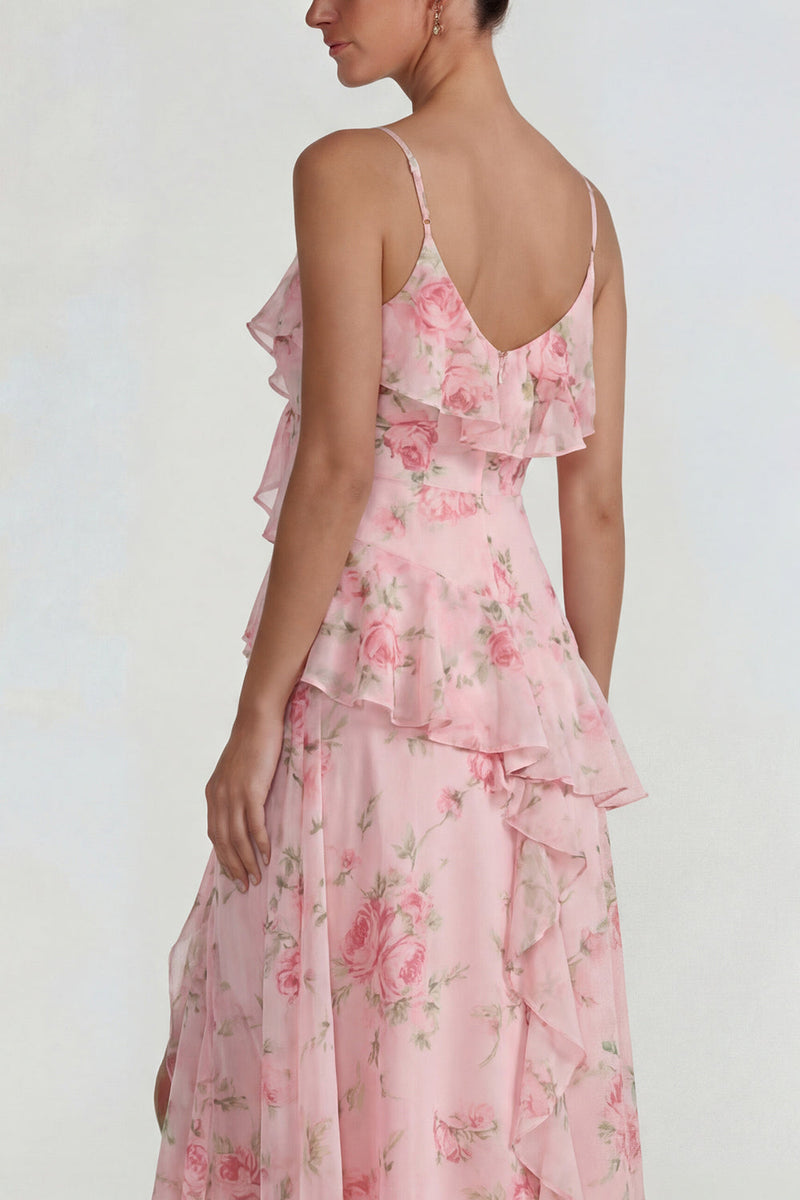 Laden Sie das Bild in den Galerie-Viewer, Blaues Gerüschendes Rosa Geblümtes Chiffon  A-Linie Midi Kleid mit Schlitz