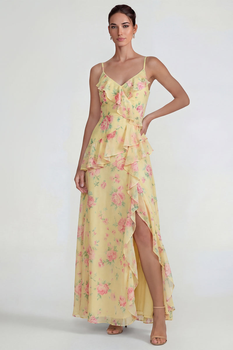 Laden Sie das Bild in den Galerie-Viewer, Blaues Gerüschendes Rosa Geblümtes Chiffon  A-Linie Midi Kleid mit Schlitz