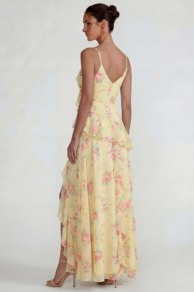 Laden Sie das Bild in den Galerie-Viewer, Blaues Gerüschendes Rosa Geblümtes Chiffon  A-Linie Midi Kleid mit Schlitz