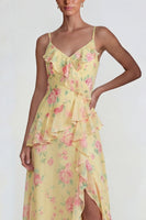 Laden Sie das Bild in den Galerie-Viewer, Blaues Gerüschendes Rosa Geblümtes Chiffon  A-Linie Midi Kleid mit Schlitz