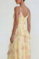 Laden Sie das Bild in den Galerie-Viewer, Blaues Gerüschendes Rosa Geblümtes Chiffon  A-Linie Midi Kleid mit Schlitz