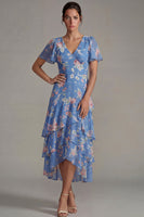Laden Sie das Bild in den Galerie-Viewer, Blaues V-Ausschnitt Rosa Geblümtes Chiffon Rüschen A-Linie Midi Kleid mit kurzen Ärmeln