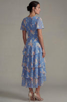 Laden Sie das Bild in den Galerie-Viewer, Blaues V-Ausschnitt Rosa Geblümtes Chiffon Rüschen A-Linie Midi Kleid mit kurzen Ärmeln
