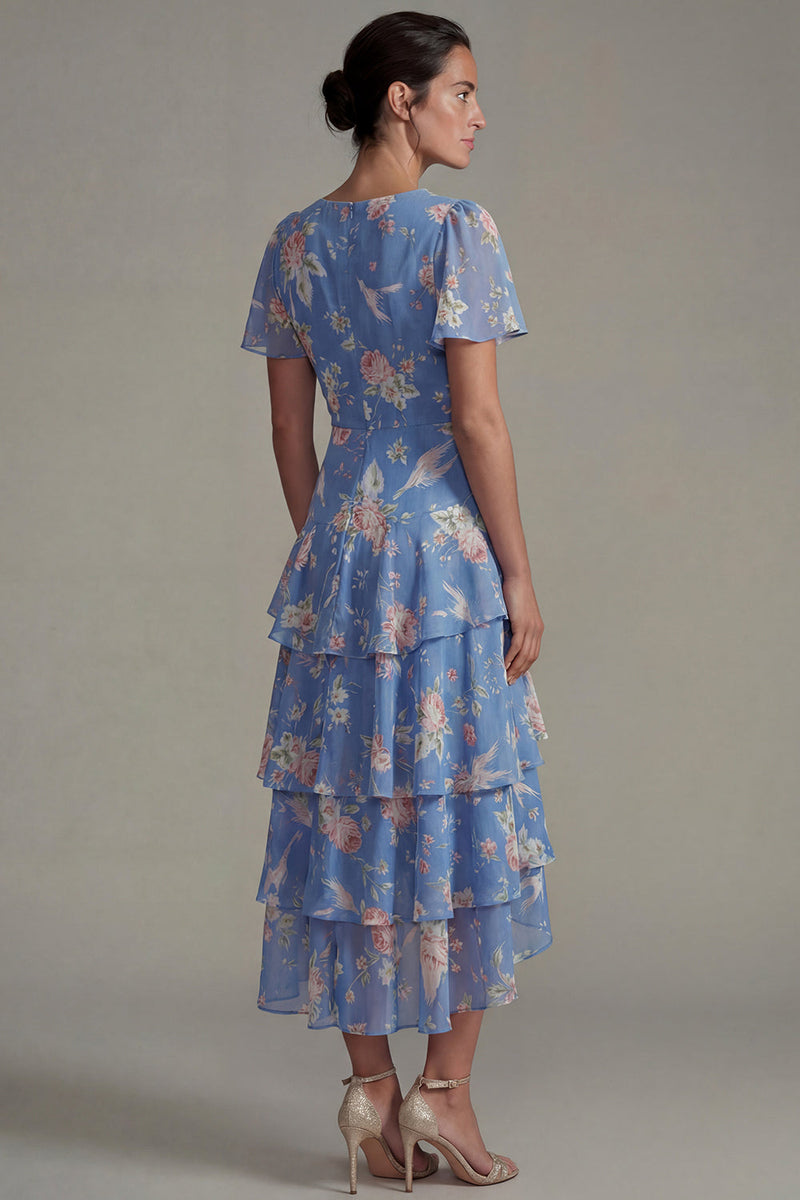 Laden Sie das Bild in den Galerie-Viewer, Blaues V-Ausschnitt Rosa Geblümtes Chiffon Rüschen A-Linie Midi Kleid mit kurzen Ärmeln