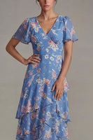 Laden Sie das Bild in den Galerie-Viewer, Blaues V-Ausschnitt Rosa Geblümtes Chiffon Rüschen A-Linie Midi Kleid mit kurzen Ärmeln