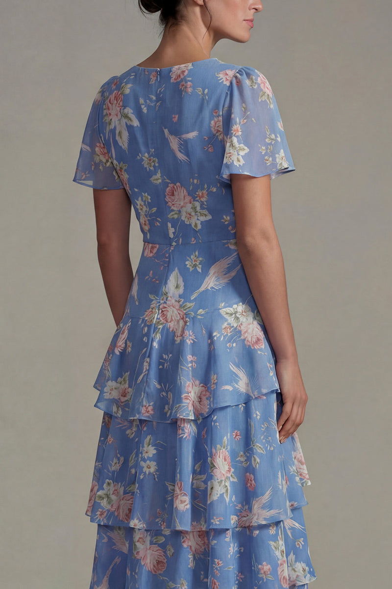 Laden Sie das Bild in den Galerie-Viewer, Blaues V-Ausschnitt Rosa Geblümtes Chiffon Rüschen A-Linie Midi Kleid mit kurzen Ärmeln
