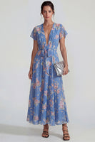 Laden Sie das Bild in den Galerie-Viewer, Blaues Tiefer V-Ausschnitt Rosa Floraler Chiffon A-Linie Midi Kleid mit Bowknot