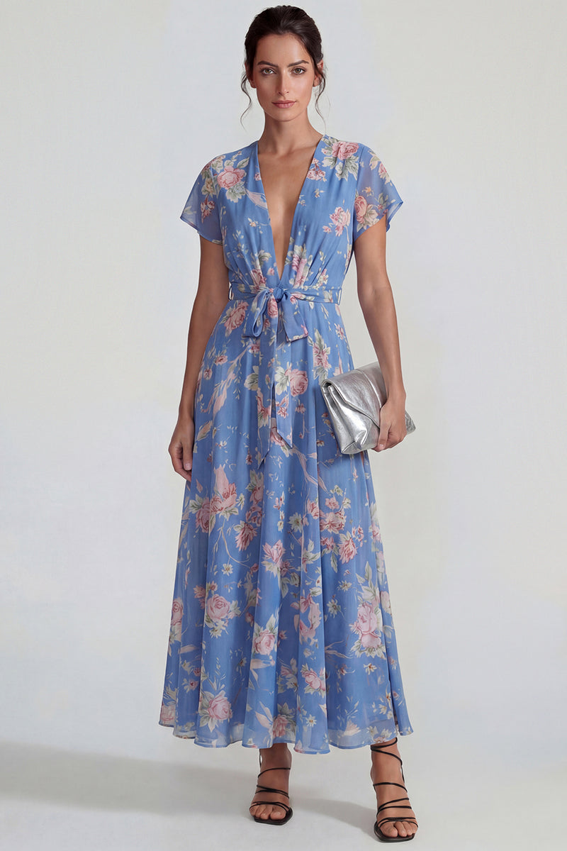 Laden Sie das Bild in den Galerie-Viewer, Blaues Tiefer V-Ausschnitt Rosa Floraler Chiffon A-Linie Midi Kleid mit Bowknot