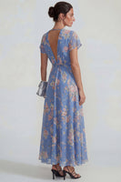 Laden Sie das Bild in den Galerie-Viewer, Blaues Tiefer V-Ausschnitt Rosa Floraler Chiffon A-Linie Midi Kleid mit Bowknot