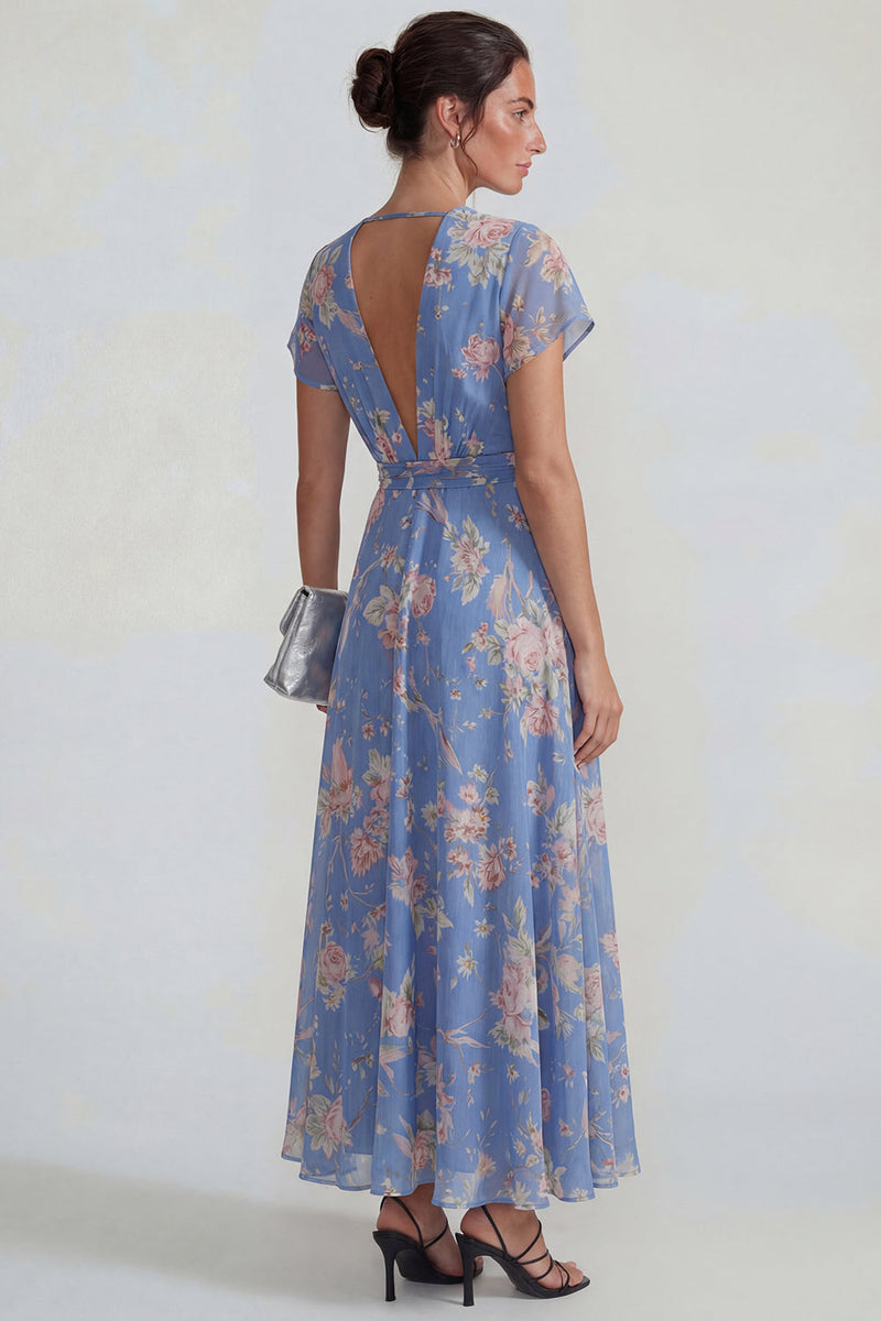 Laden Sie das Bild in den Galerie-Viewer, Blaues Tiefer V-Ausschnitt Rosa Floraler Chiffon A-Linie Midi Kleid mit Bowknot