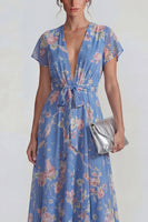 Laden Sie das Bild in den Galerie-Viewer, Blaues Tiefer V-Ausschnitt Rosa Floraler Chiffon A-Linie Midi Kleid mit Bowknot
