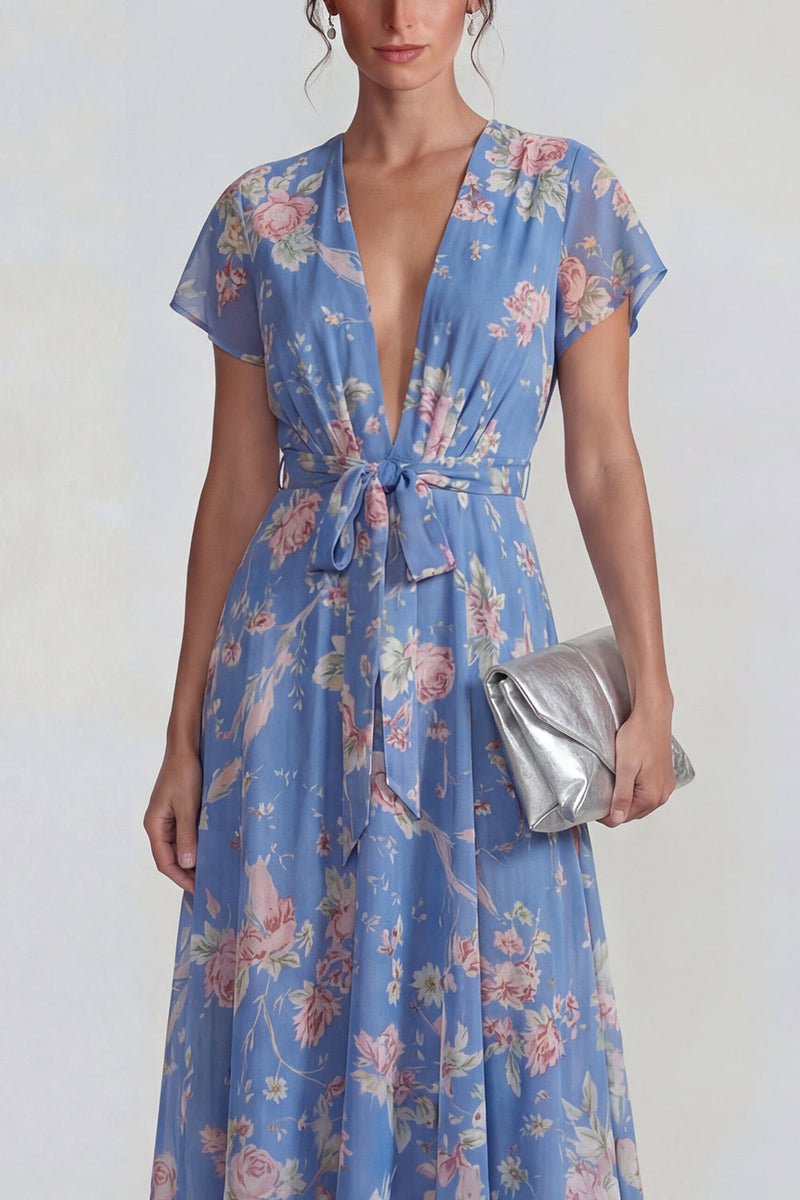 Laden Sie das Bild in den Galerie-Viewer, Blaues Tiefer V-Ausschnitt Rosa Floraler Chiffon A-Linie Midi Kleid mit Bowknot