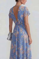 Laden Sie das Bild in den Galerie-Viewer, Blaues Tiefer V-Ausschnitt Rosa Floraler Chiffon A-Linie Midi Kleid mit Bowknot