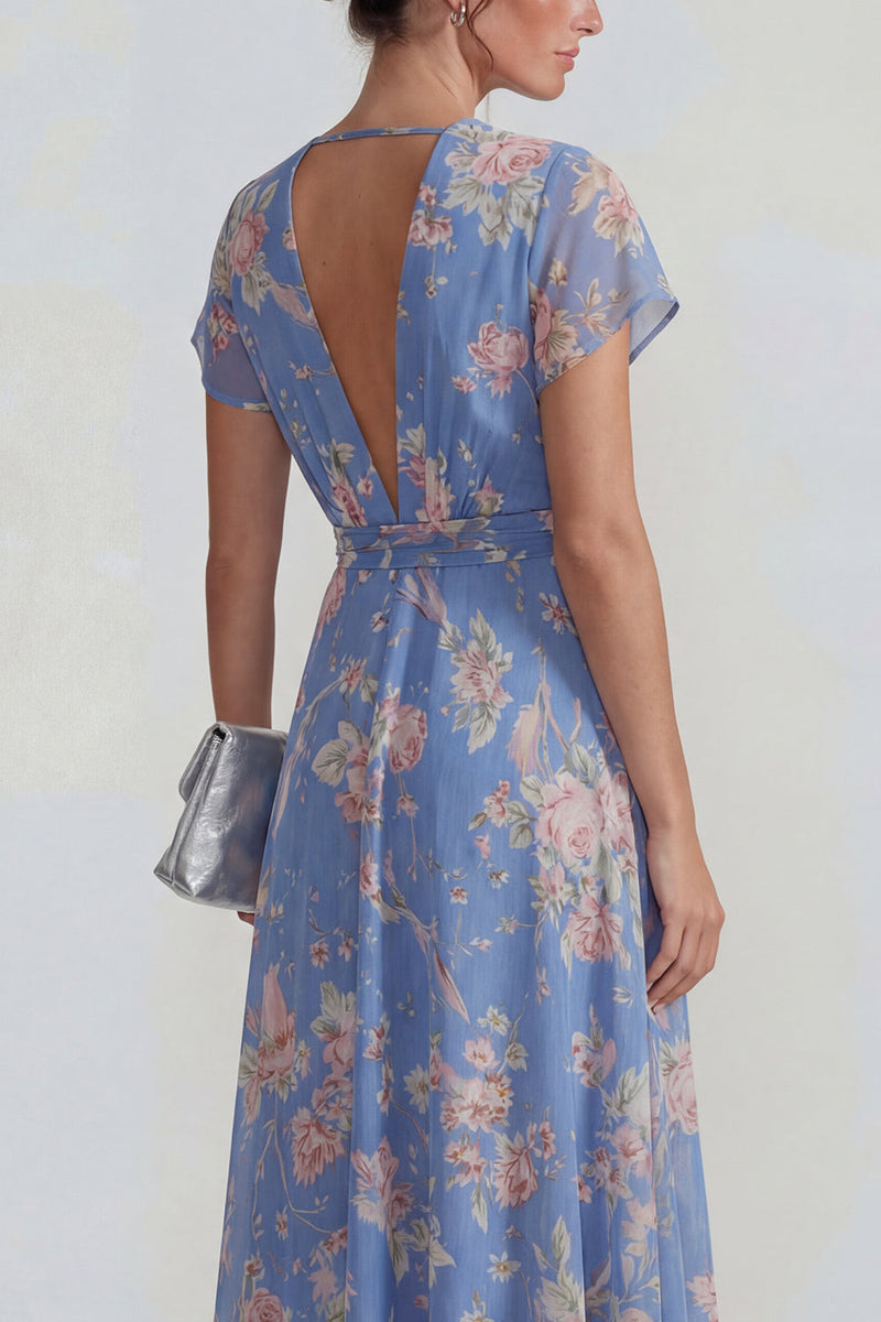 Laden Sie das Bild in den Galerie-Viewer, Blaues Tiefer V-Ausschnitt Rosa Floraler Chiffon A-Linie Midi Kleid mit Bowknot