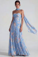 Laden Sie das Bild in den Galerie-Viewer, Blaues Chiffon Blumen Trägerlos Gerafftes A-Linie Langes Festkleid mit Bändern