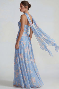 Blaues Chiffon Blumen Trägerlos Gerafftes A-Linie Langes Festkleid mit Bändern