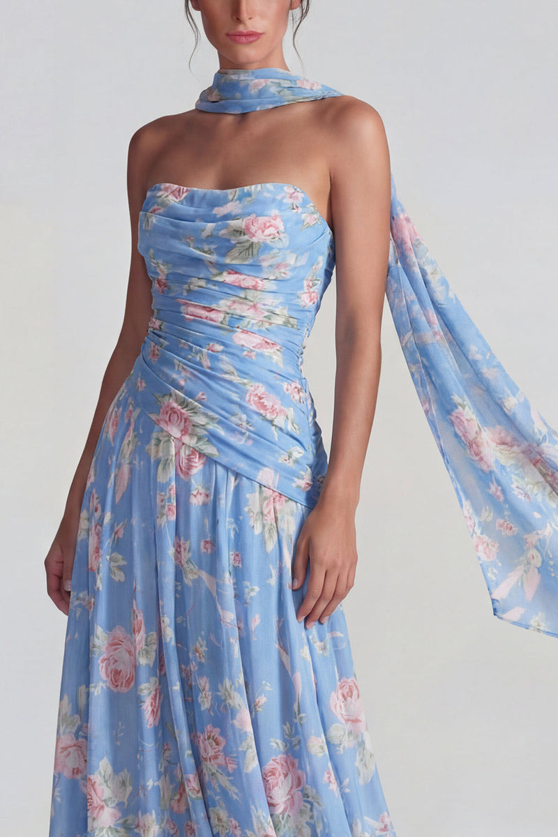 Laden Sie das Bild in den Galerie-Viewer, Blaues Chiffon Blumen Trägerlos Gerafftes A-Linie Langes Festkleid mit Bändern
