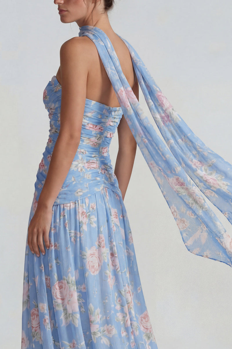 Laden Sie das Bild in den Galerie-Viewer, Blaues Chiffon Blumen Trägerlos Gerafftes A-Linie Langes Festkleid mit Bändern