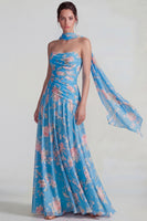 Laden Sie das Bild in den Galerie-Viewer, Blaues Chiffon Blumen Trägerlos Gerafftes A-Linie Langes Festkleid mit Bändern
