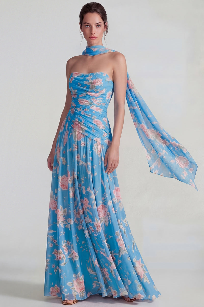Laden Sie das Bild in den Galerie-Viewer, Blaues Chiffon Blumen Trägerlos Gerafftes A-Linie Langes Festkleid mit Bändern