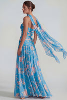 Laden Sie das Bild in den Galerie-Viewer, Blaues Chiffon Blumen Trägerlos Gerafftes A-Linie Langes Festkleid mit Bändern
