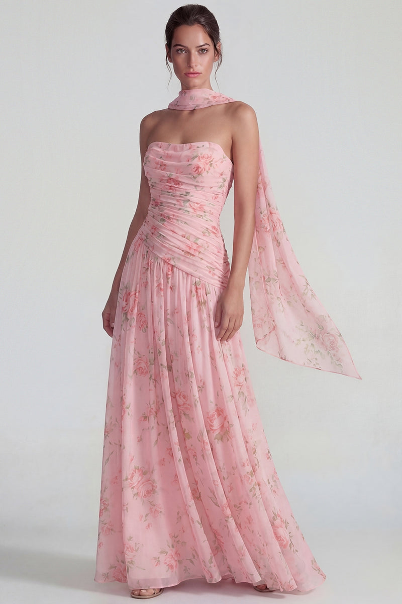 Laden Sie das Bild in den Galerie-Viewer, Blaues Chiffon Blumen Trägerlos Gerafftes A-Linie Langes Festkleid mit Bändern