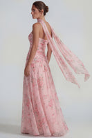Laden Sie das Bild in den Galerie-Viewer, Blaues Chiffon Blumen Trägerlos Gerafftes A-Linie Langes Festkleid mit Bändern