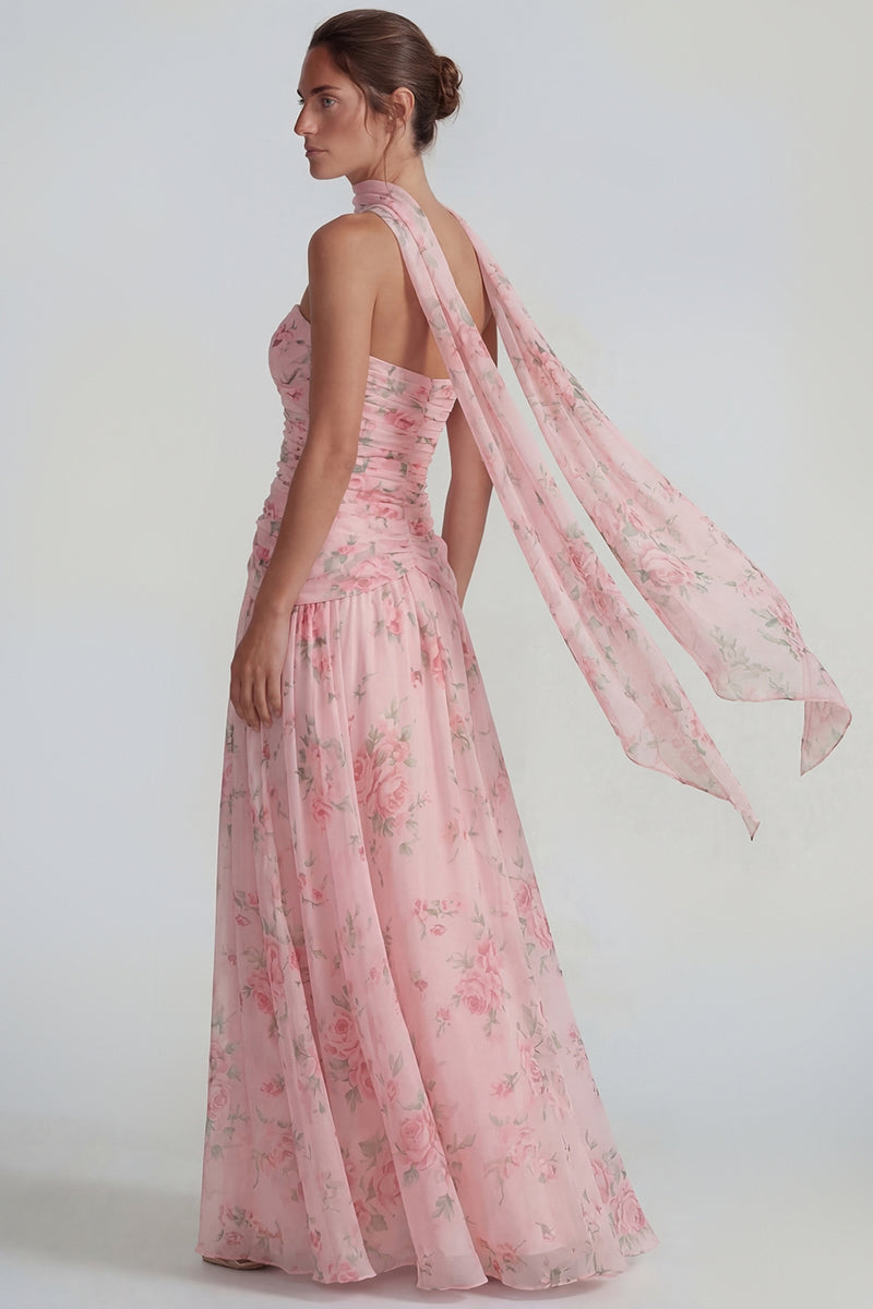 Laden Sie das Bild in den Galerie-Viewer, Blaues Chiffon Blumen Trägerlos Gerafftes A-Linie Langes Festkleid mit Bändern
