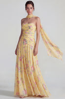 Laden Sie das Bild in den Galerie-Viewer, Blaues Chiffon Blumen Trägerlos Gerafftes A-Linie Langes Festkleid mit Bändern