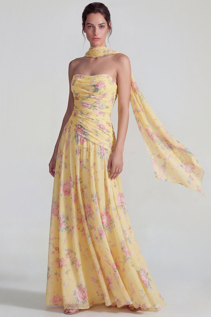 Laden Sie das Bild in den Galerie-Viewer, Blaues Chiffon Blumen Trägerlos Gerafftes A-Linie Langes Festkleid mit Bändern
