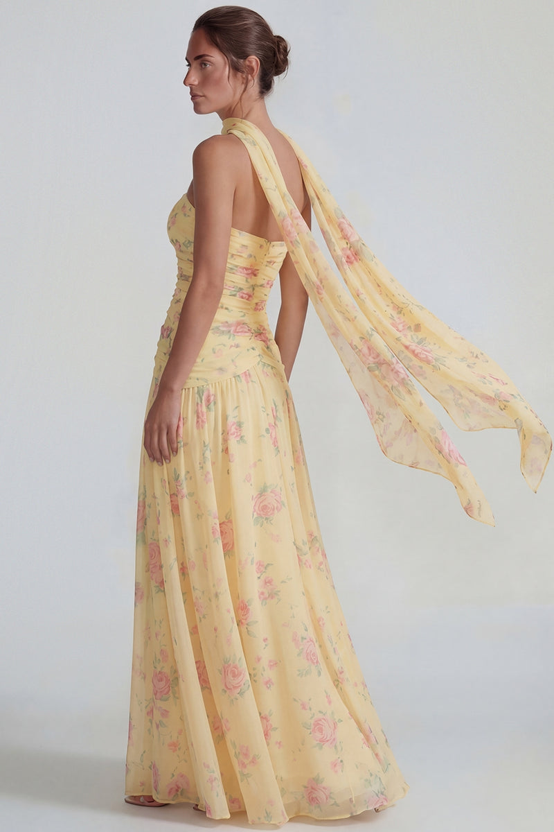 Laden Sie das Bild in den Galerie-Viewer, Blaues Chiffon Blumen Trägerlos Gerafftes A-Linie Langes Festkleid mit Bändern