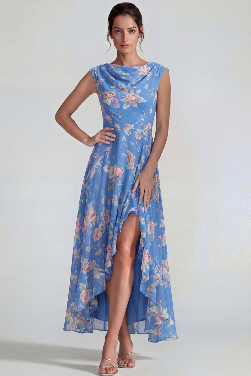 Laden Sie das Bild in den Galerie-Viewer, Blaues Rosa Chiffon Rüschen A-Linie Midi Kleid mit Schlitz