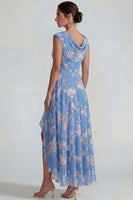 Laden Sie das Bild in den Galerie-Viewer, Blaues Rosa Chiffon Rüschen A-Linie Midi Kleid mit Schlitz