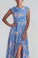 Laden Sie das Bild in den Galerie-Viewer, Blaues Rosa Chiffon Rüschen A-Linie Midi Kleid mit Schlitz