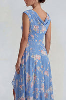 Laden Sie das Bild in den Galerie-Viewer, Blaues Rosa Chiffon Rüschen A-Linie Midi Kleid mit Schlitz